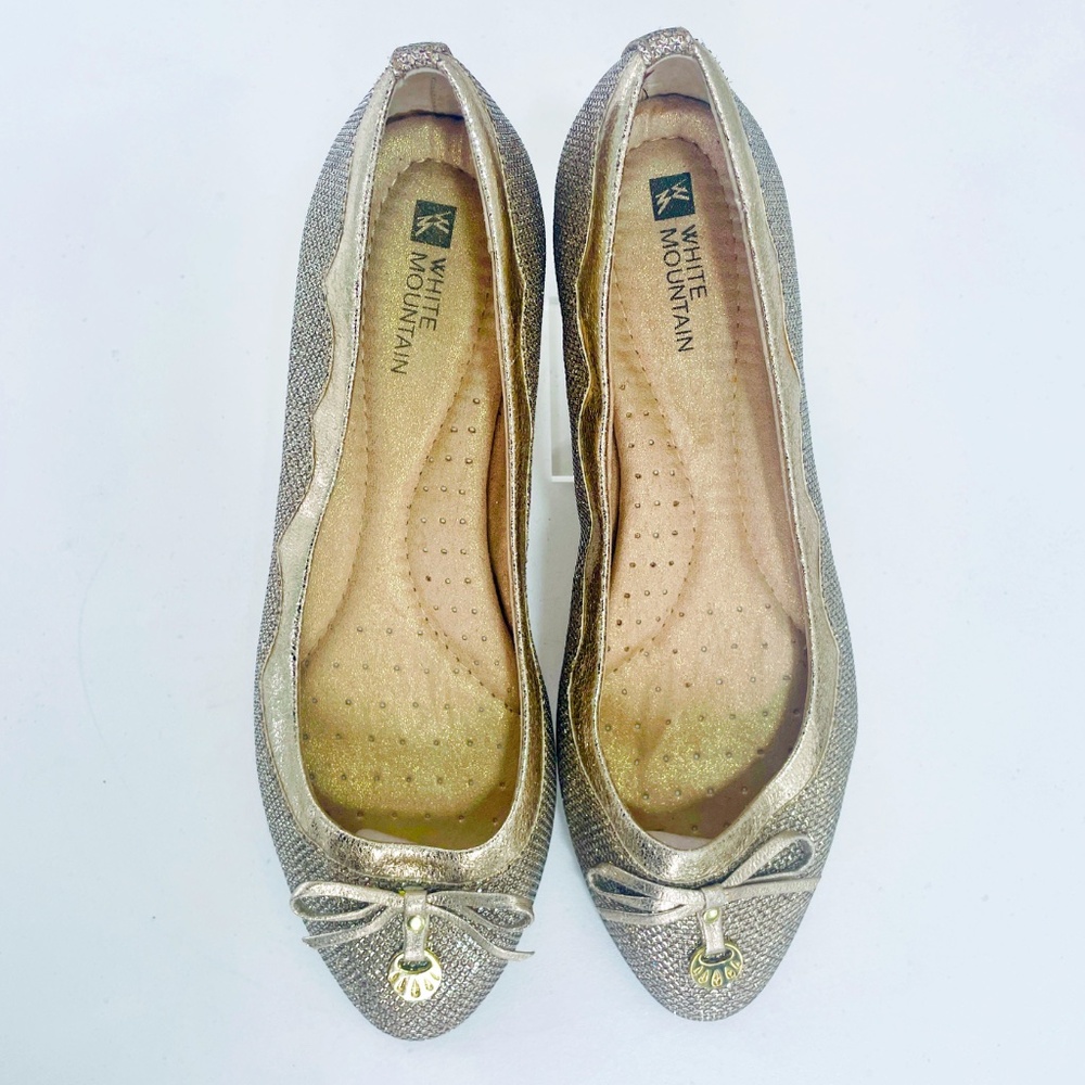 White Mountain: Sparkly, metallic gold ballet flats; padded insole. Size 7.5.
